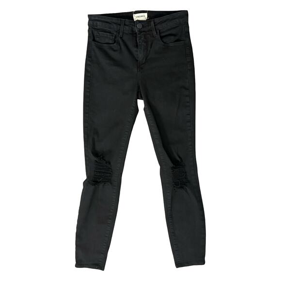 L'AGENCE Denim - L'Agence Black Distressed Knee Margot Stretch Cotton Blend Skinny Jeans Size 25